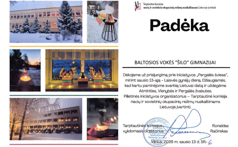 Padėka už dalyvavimą pilietinėje iniciatyvoje „Pergalės šviesa“