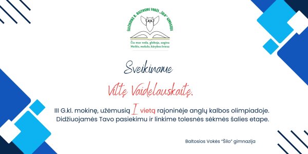 I-oji vieta rajono anglų kalbos olimpiadoje