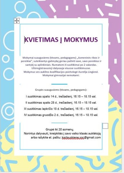 Kviečiame į mokymus mokiniams ir suaugusiems!